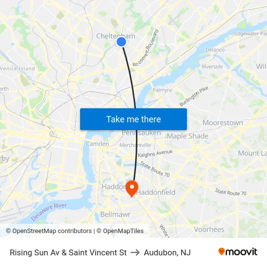 Rising Sun Av & Saint Vincent St to Audubon, NJ map