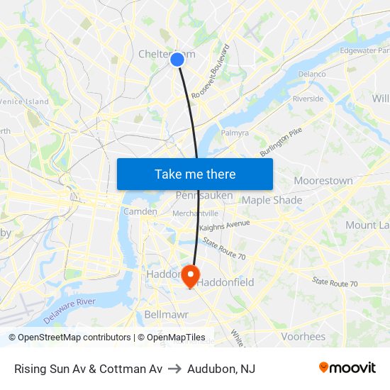 Rising Sun Av & Cottman Av to Audubon, NJ map