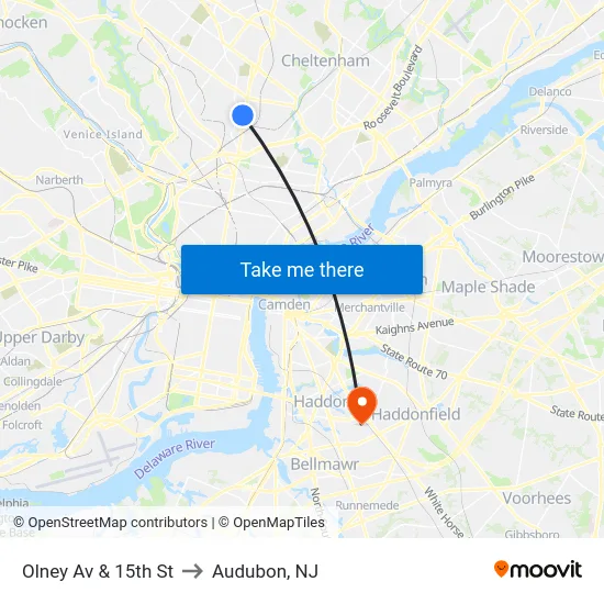 Olney Av & 15th St to Audubon, NJ map