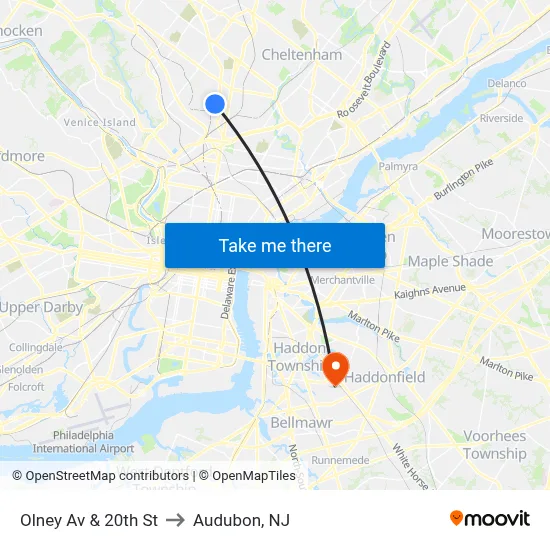 Olney Av & 20th St to Audubon, NJ map