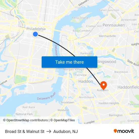 Broad St & Walnut St to Audubon, NJ map