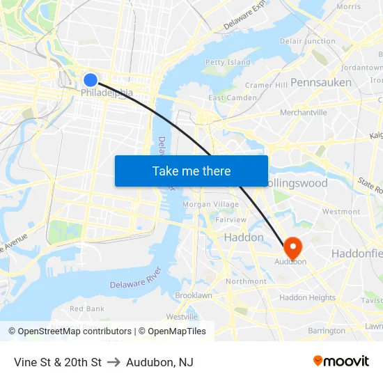 Vine St & 20th St to Audubon, NJ map