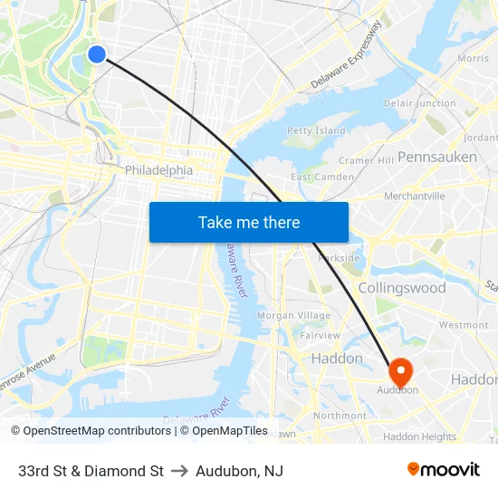 33rd St & Diamond St to Audubon, NJ map