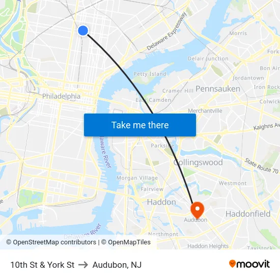10th St & York St to Audubon, NJ map