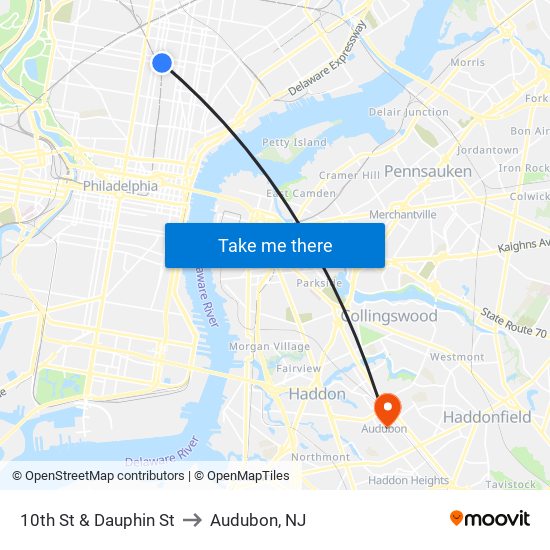 10th St & Dauphin St to Audubon, NJ map