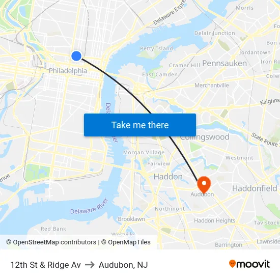 12th St & Ridge Av to Audubon, NJ map