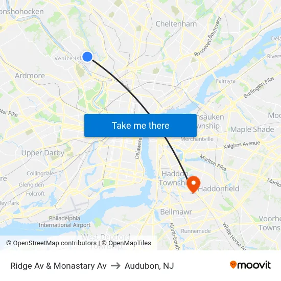 Ridge Av & Monastary Av to Audubon, NJ map