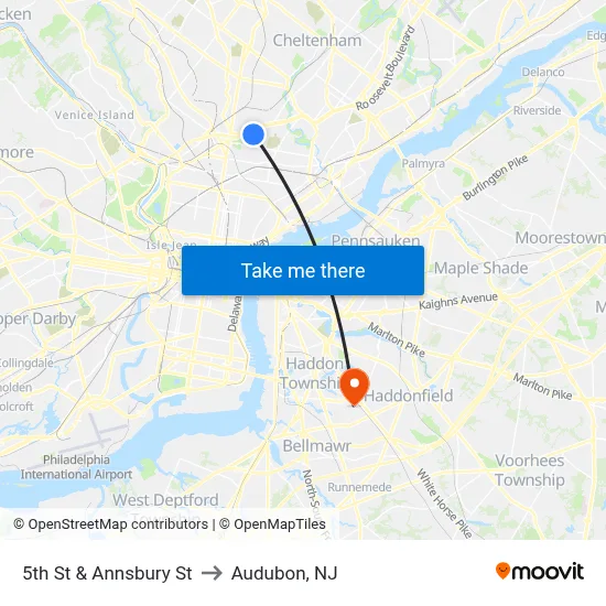 5th St & Annsbury St to Audubon, NJ map