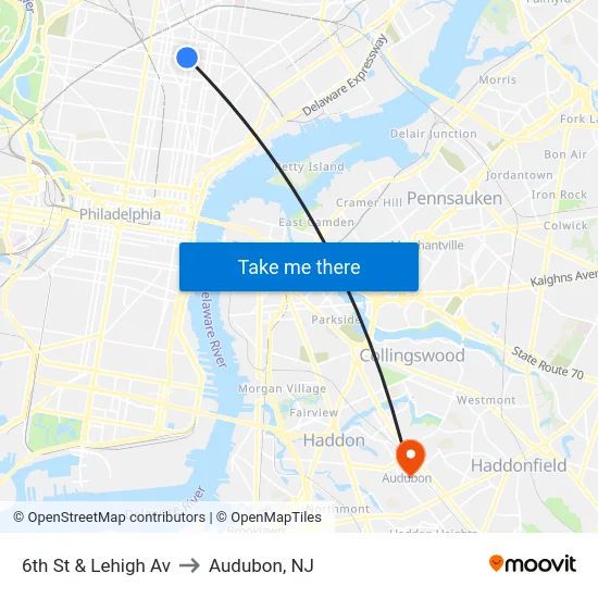 6th St & Lehigh Av to Audubon, NJ map