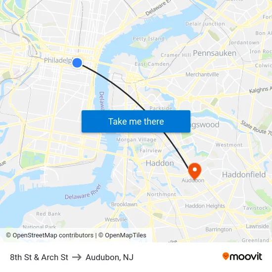 8th St & Arch St to Audubon, NJ map