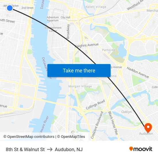 8th St & Walnut St to Audubon, NJ map