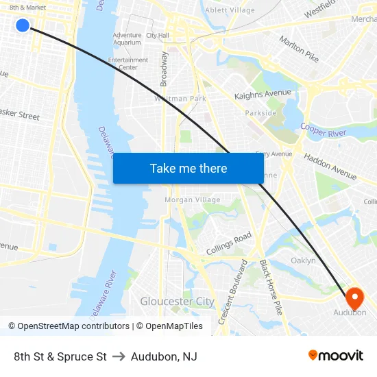 8th St & Spruce St to Audubon, NJ map