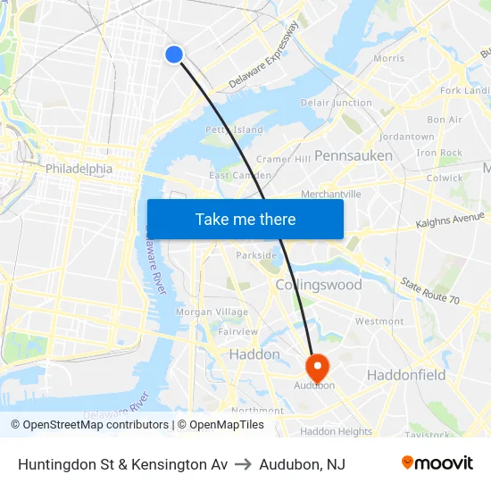 Huntingdon St & Kensington Av to Audubon, NJ map