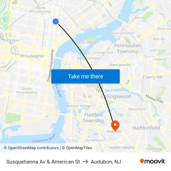 Susquehanna Av & American St to Audubon, NJ map