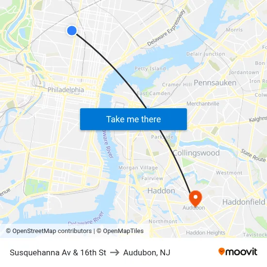 Susquehanna Av & 16th St to Audubon, NJ map