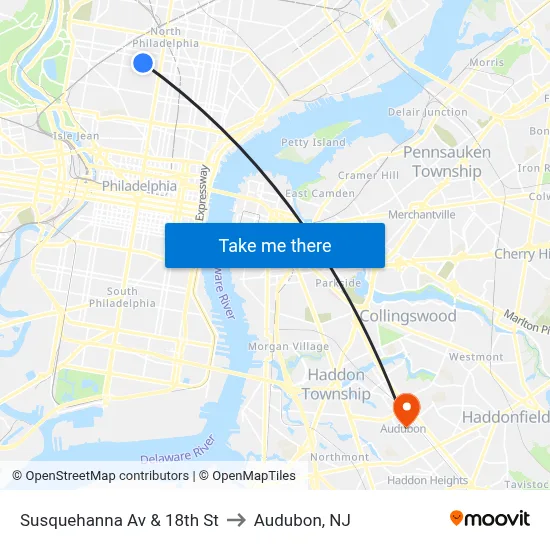 Susquehanna Av & 18th St to Audubon, NJ map