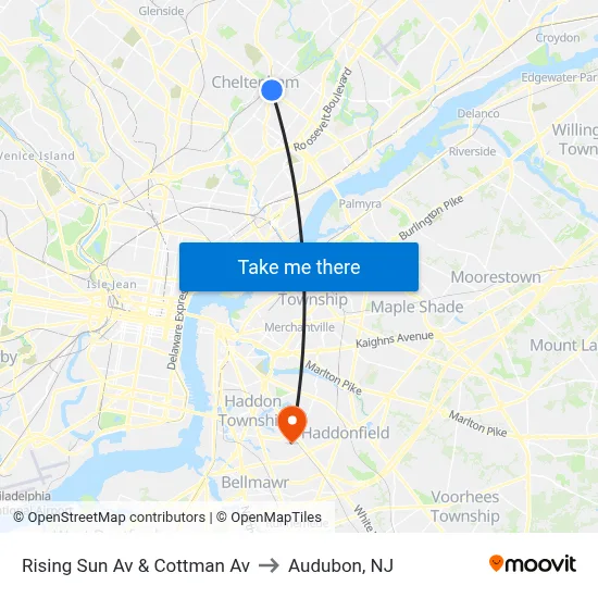 Rising Sun Av & Cottman Av to Audubon, NJ map