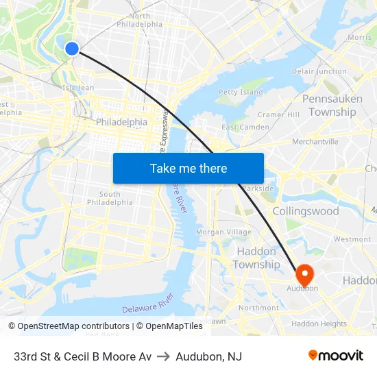33rd St & Cecil B Moore Av to Audubon, NJ map