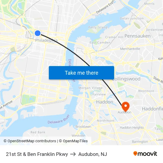 21st St & Ben Franklin Pkwy to Audubon, NJ map
