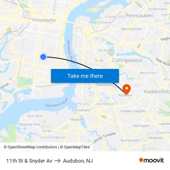 11th St & Snyder Av to Audubon, NJ map