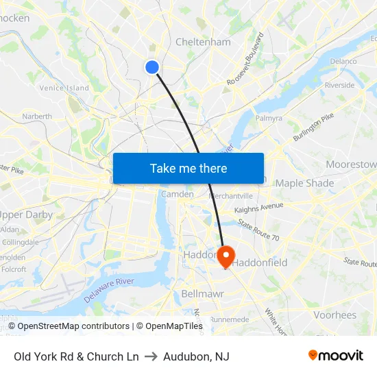 Old York Rd & Church Ln to Audubon, NJ map