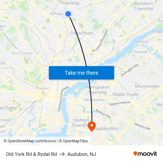 Old York Rd & Rydal Rd to Audubon, NJ map
