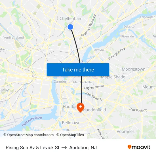 Rising Sun Av & Levick St to Audubon, NJ map