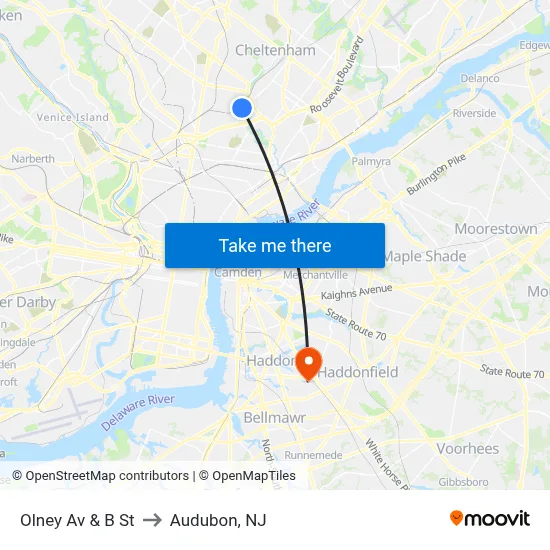 Olney Av & B St to Audubon, NJ map