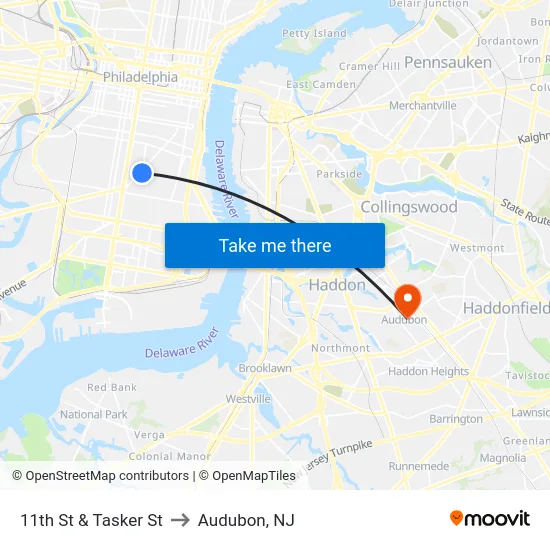 11th St & Tasker St to Audubon, NJ map