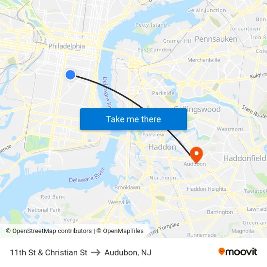 11th St & Christian St to Audubon, NJ map