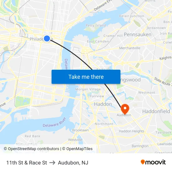 11th St & Race St to Audubon, NJ map