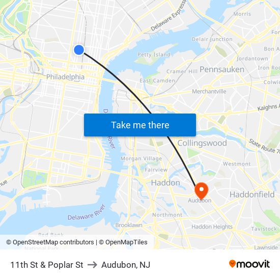 11th St & Poplar St to Audubon, NJ map