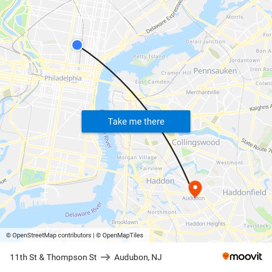 11th St & Thompson St to Audubon, NJ map