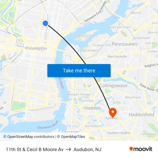 11th St & Cecil B Moore Av to Audubon, NJ map