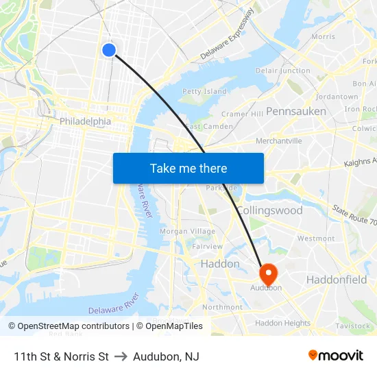 11th St & Norris St to Audubon, NJ map