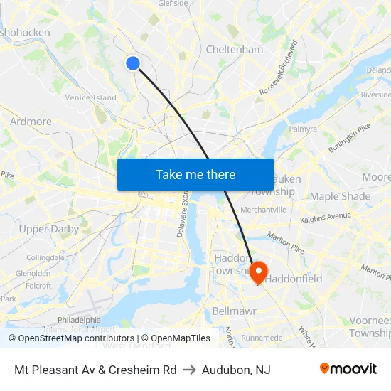 Mt Pleasant Av & Cresheim Rd to Audubon, NJ map