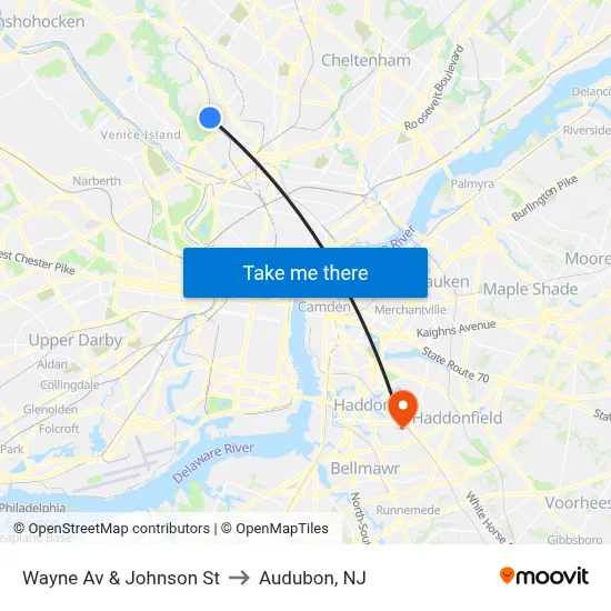 Wayne Av & Johnson St to Audubon, NJ map