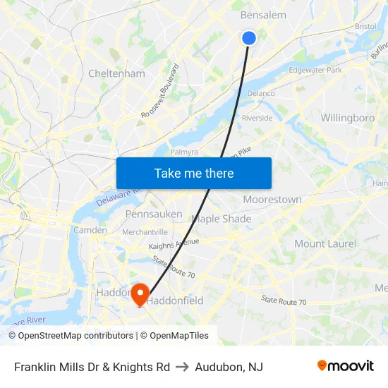 Franklin Mills Dr & Knights Rd to Audubon, NJ map