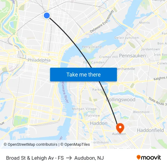 Broad St & Lehigh Av - FS to Audubon, NJ map