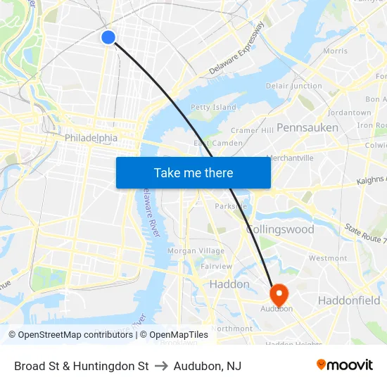 Broad St & Huntingdon St to Audubon, NJ map