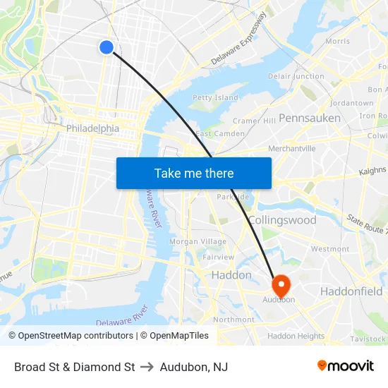 Broad St & Diamond St to Audubon, NJ map