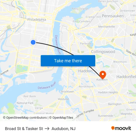 Broad St & Tasker St to Audubon, NJ map