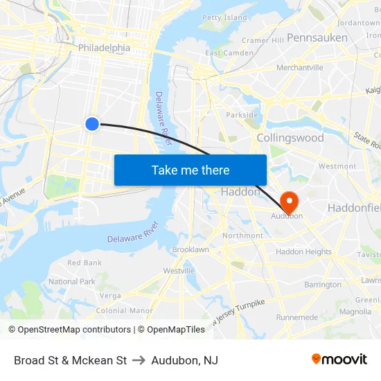 Broad St & Mckean St to Audubon, NJ map