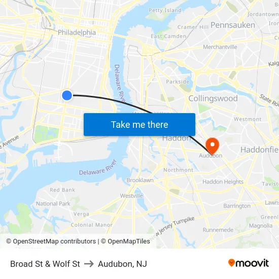 Broad St & Wolf St to Audubon, NJ map