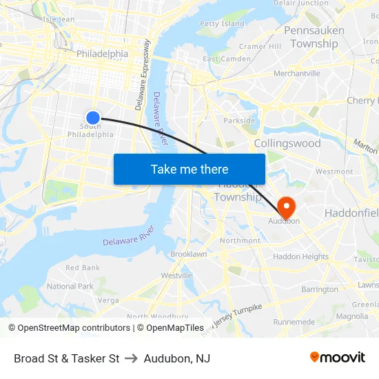 Broad St & Tasker St to Audubon, NJ map