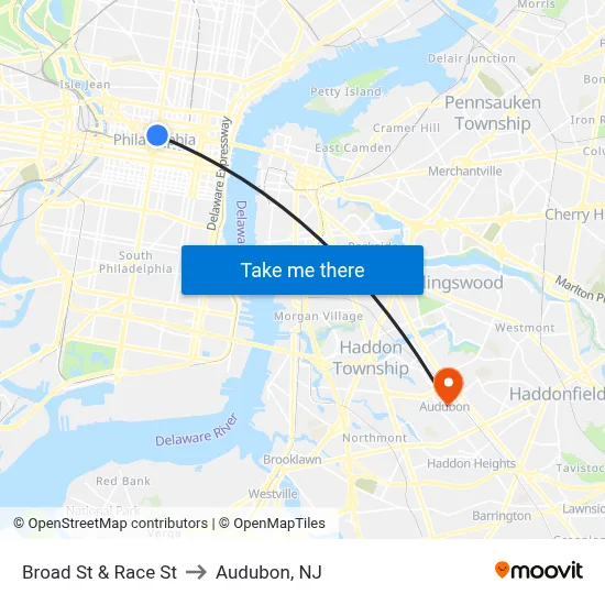 Broad St & Race St to Audubon, NJ map