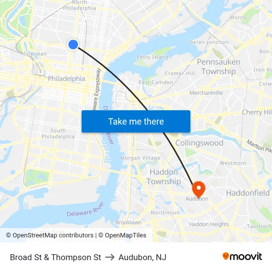 Broad St & Thompson St to Audubon, NJ map