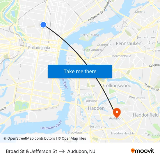 Broad St & Jefferson St to Audubon, NJ map