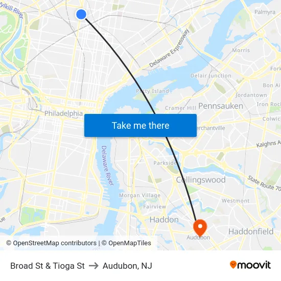 Broad St & Tioga St to Audubon, NJ map