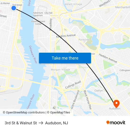 3rd St & Walnut St to Audubon, NJ map